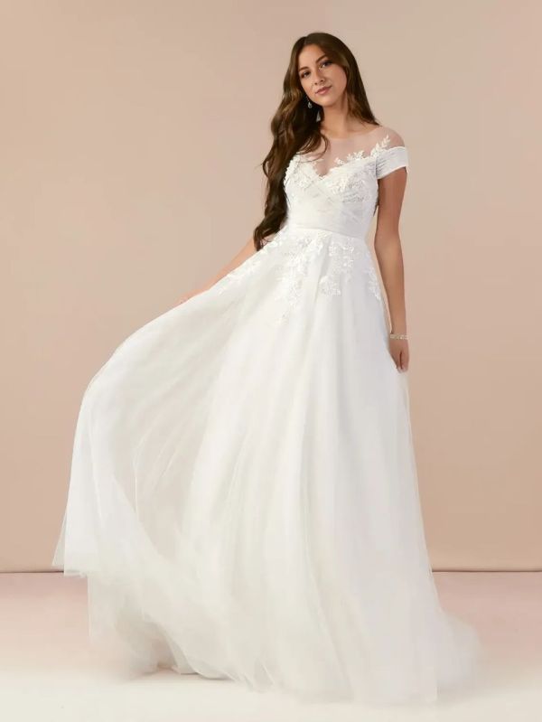 A-Line Illusion Off-The-Shouler Lace Tulle Chapel Train Dress Diamond White