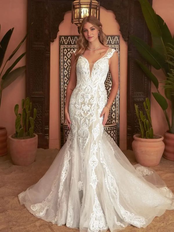 Mermaid V-Neck Sequins Tulle Cathedral Train Dress Diamond White