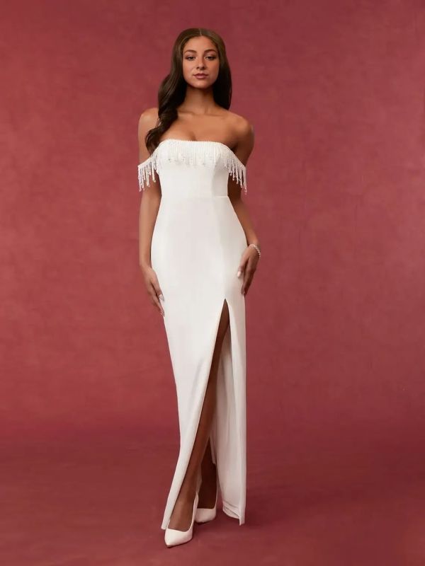 Sheath Off the Shoulder Stretch Crepe Floor-Length Dress Diamond White